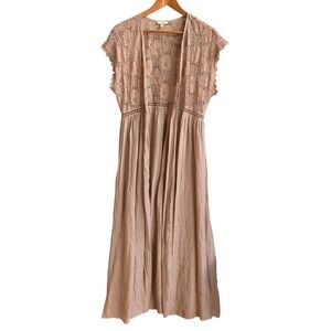 Kori Kaftan Floral Lace Beige Tan Maxi Open Front Flowy‎ Festival  Romantic SM